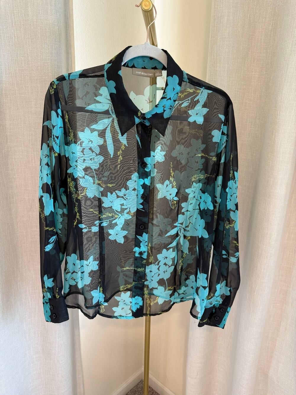 Croft & Barrow Button Up Shirt Women's Large Black Floral Sheer Long Sleeve